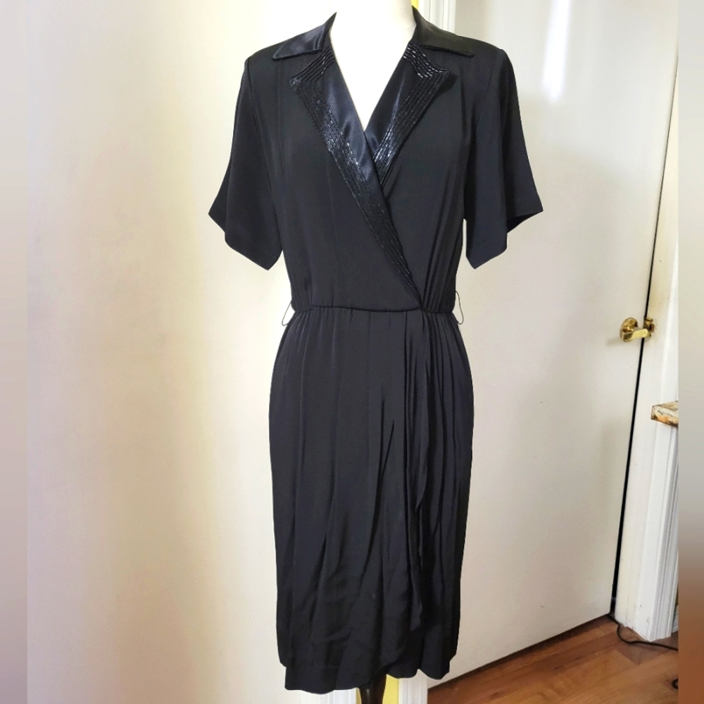 Vintage St. Gillian Union Made Black Pleated Dress with Satin Collar